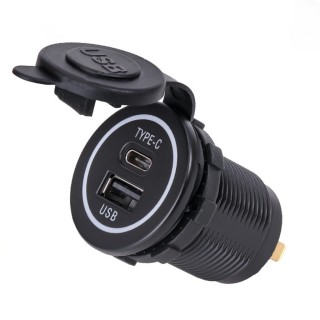 1 - Tomada USB e USB-C 12V para Car Camper Van, retroiluminada azul com tampa